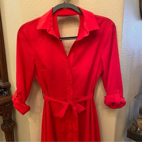 TOPSHOP Women Red Button Asymmetrical Tie Waist Dress Size 2 - Picture 2 of 8